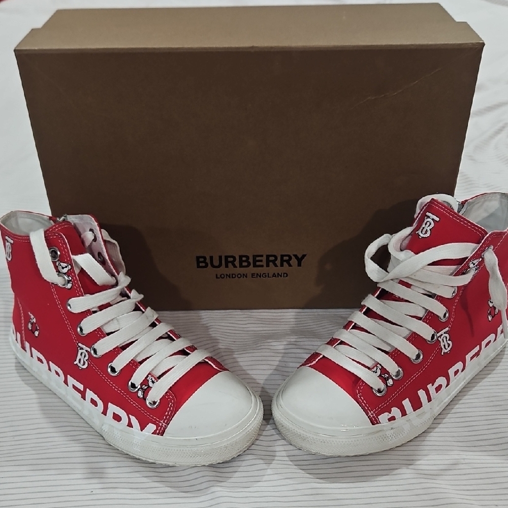 Burberry Kids Red and White High-Top Sneakers